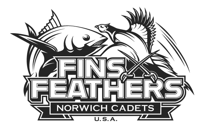 Norwich Fins & Feathers affinity group logo. Line images of a fish at left, a pheasant at right , crossed swords below. and words "Fins Feathers Norwich Cadtes U.S.A."