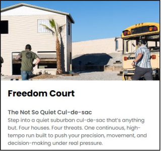 The Freedom Court course at Staccato Ranch Vegas. Freedom Court Step into a quiet suburban cul-de-sac that&rsquo;s anything but. Four houses. Four threats. One continuous, high-tempo sprint built to push your precision, movement, and decision-making under real pressure.  Course details The Rolling Thunder course at Staccato Ranch Vegas.