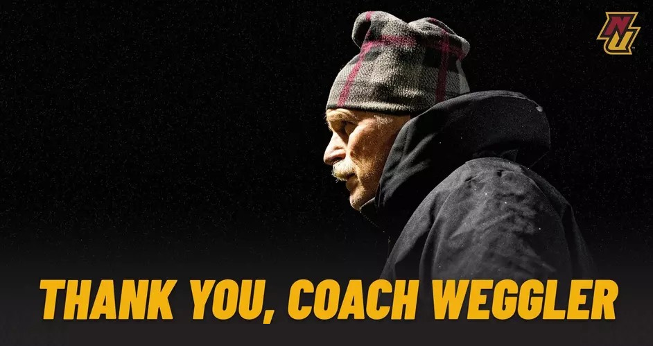 Man in winter hat and black jacket looks to frame left, with a jet black background behind him. Text "Thank You Coach Weggler" at bottom of frame.